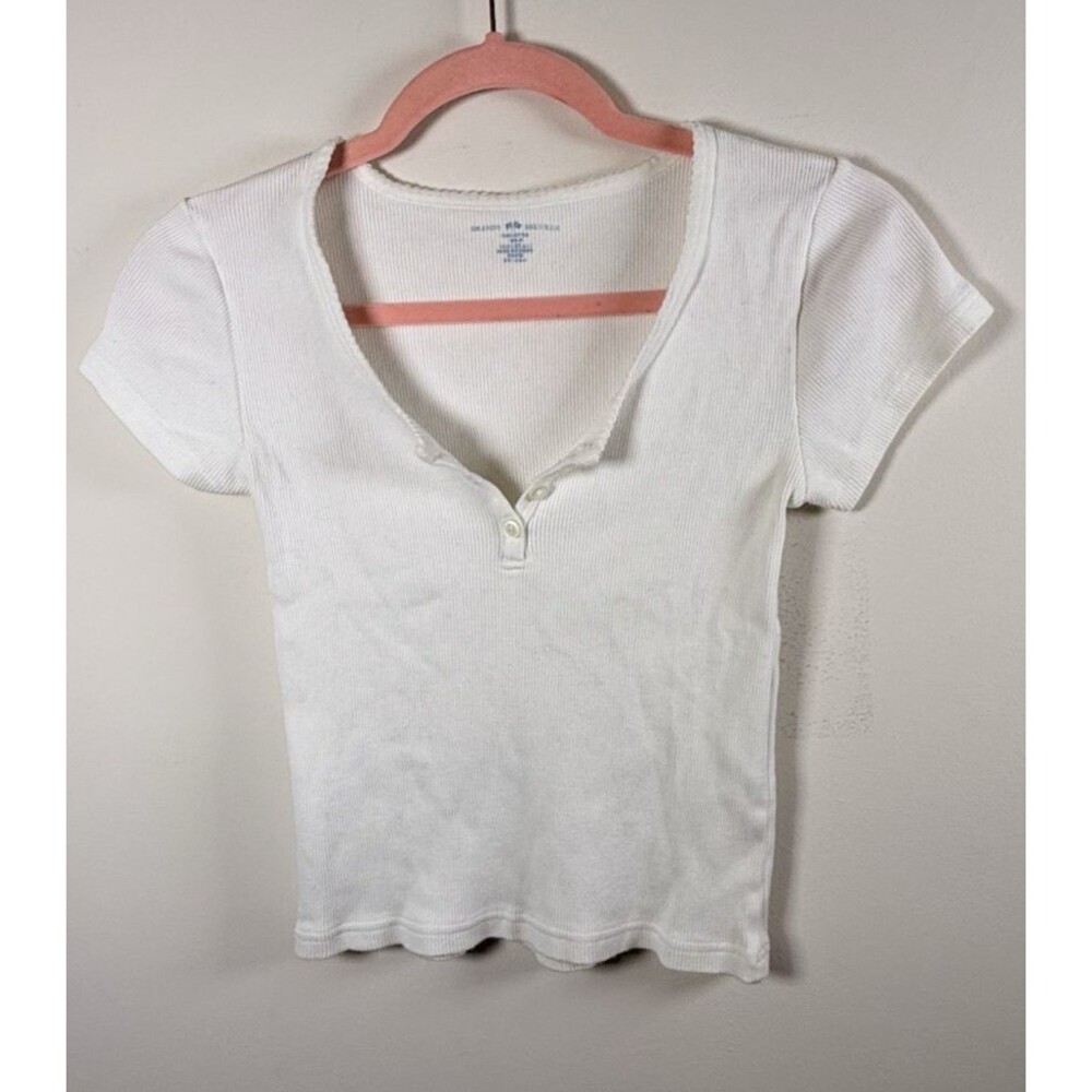 Brandy Melville Womens White Ribbed Knit Henley Button Short Sleeve T-Shirt XS